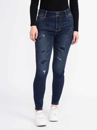 Women's Dark Wash 2 Button Rip & Repair Skinny Jeans Women's Dark Wash 2 Button Rip & Repair Skinny Jeans