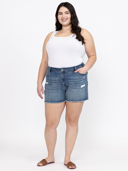 Women's Plus Medium Wash Frayed Hem Shortie with Crochet Lace Insert Women's Plus Medium Wash Frayed Hem Shortie with Crochet Lace Insert Image 1