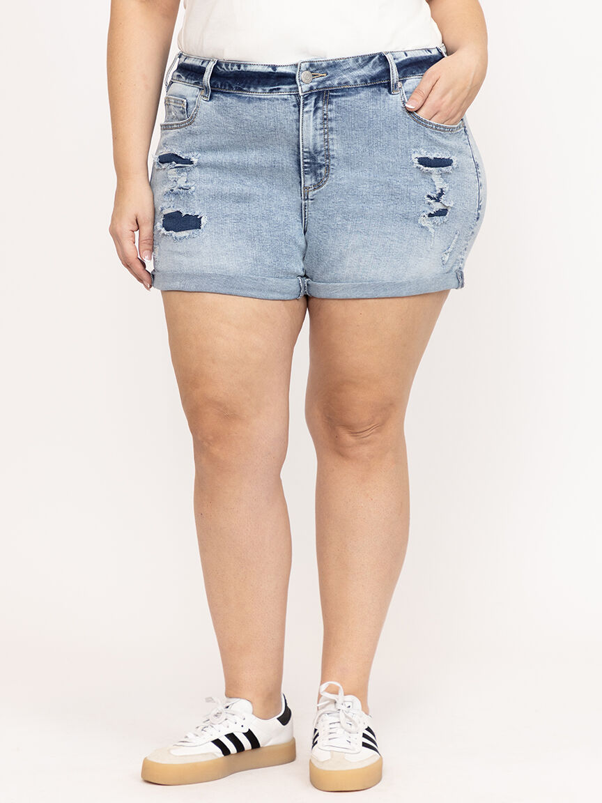 Women's Plus High Rise Rip & Repair Medium Wash Cuffed Shortie