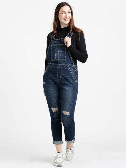 Women's Destroyed Slim Cuffed Overall Jeans Image 2