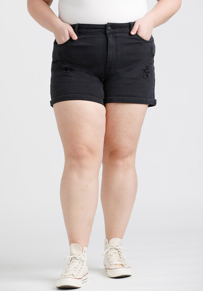 Women’s Plus High Rise Black Destroyed Cuffed Jean Shortie Women’s Plus High Rise Black Destroyed Cuffed Jean Shortie Image 1