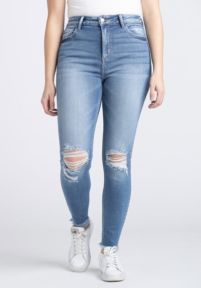 Women's High Rise Distress Fray Hem Ankle Skinny Jeans Image 1