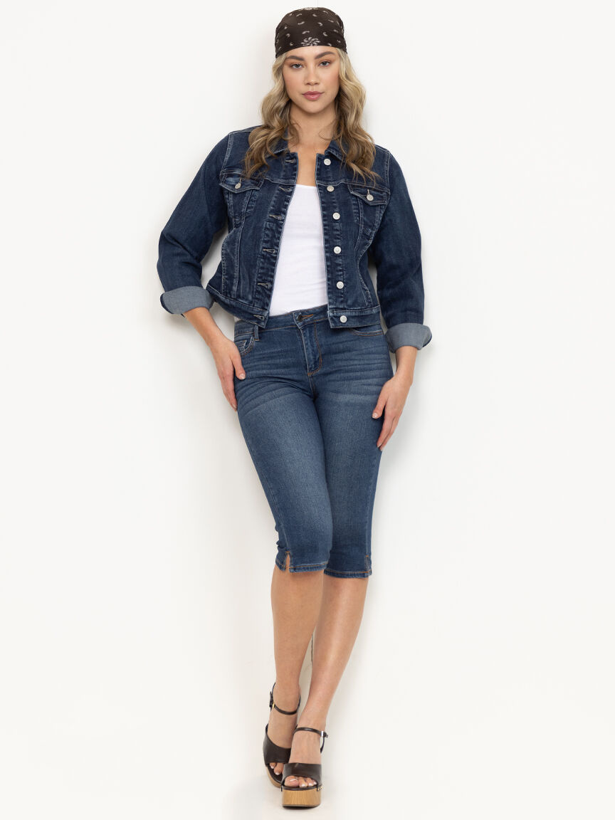 Women's Side Slit Hem Medium Dark Wash Jean Capri