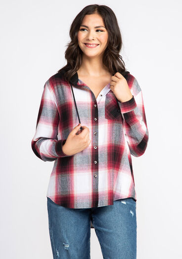 Women's Flannel Hooded Plaid Shirt, BURGUNDY