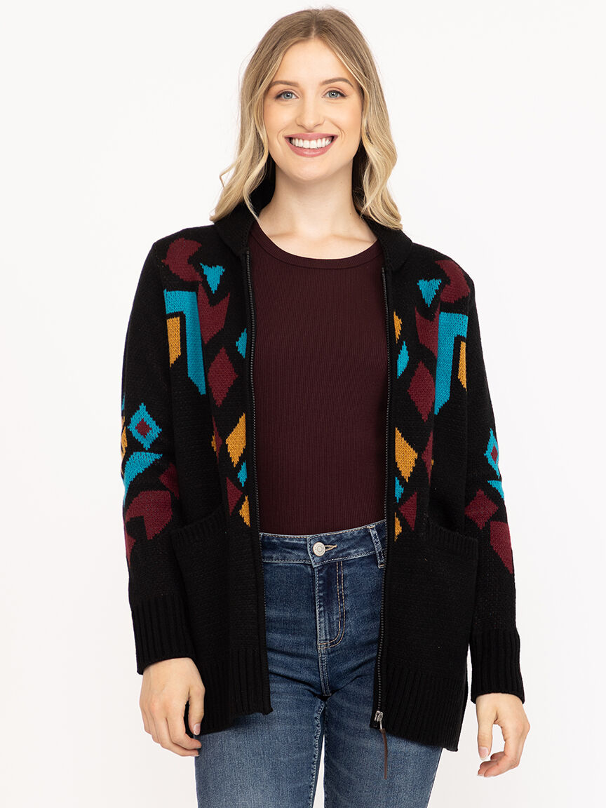 Women's Geometric Zip Front Cardigan