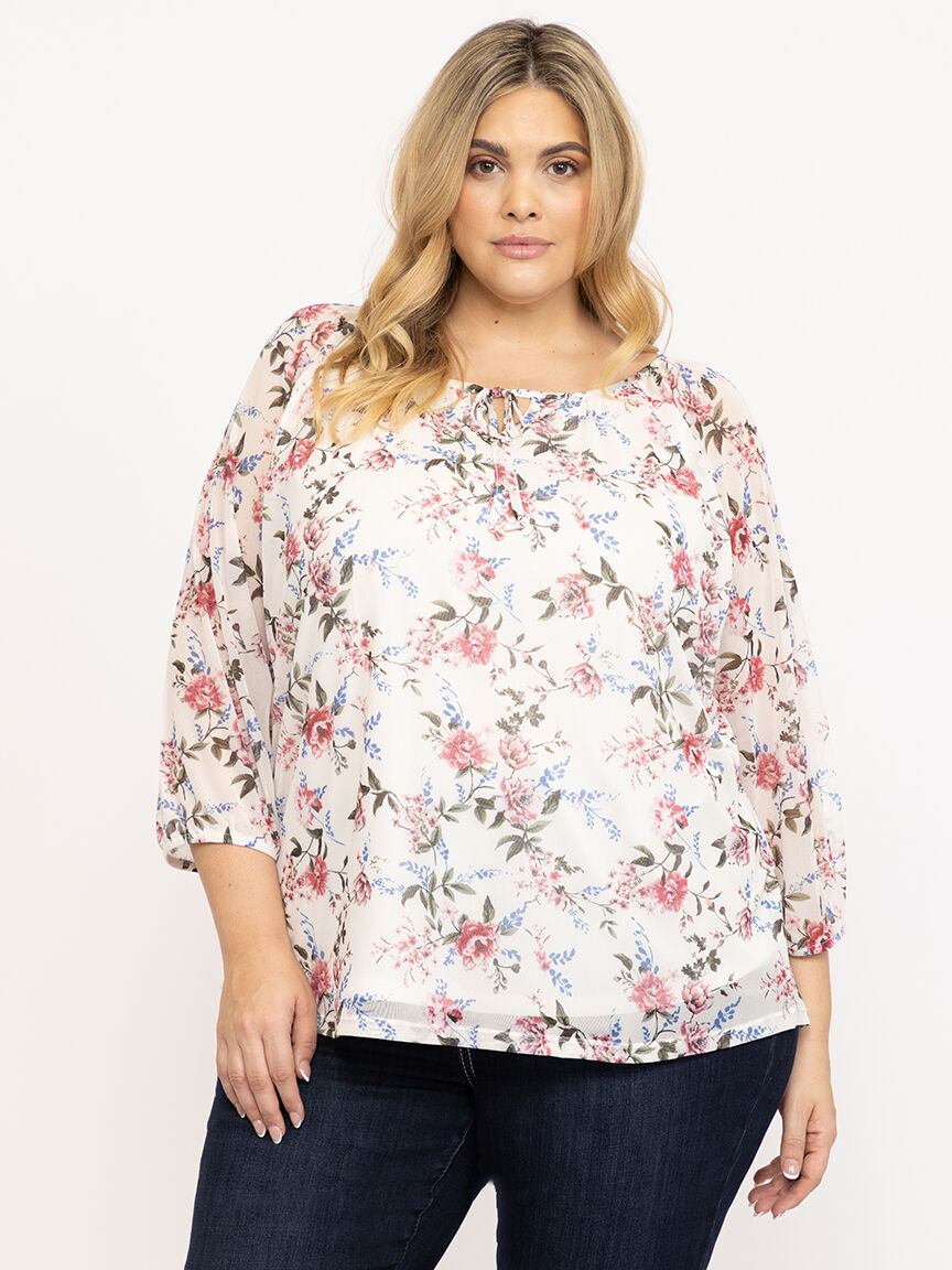 Women's Floral Mesh Peasant Top