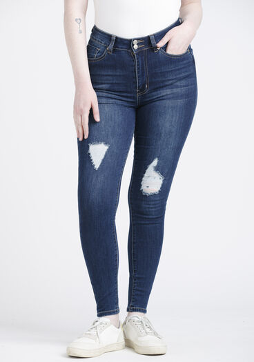Women's 2 Button High Rise Destroyed Skinny Jeans, DARK WASH