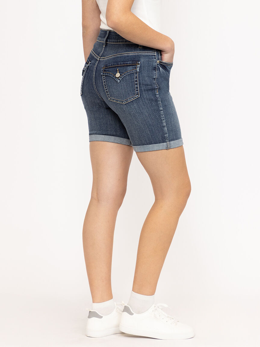 Women's 2 Button Medium Dark Wash Mid Rise Bermuda Short