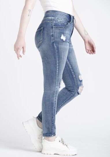 Women's 3 Button High Rise Destroyed Skinny Jeans