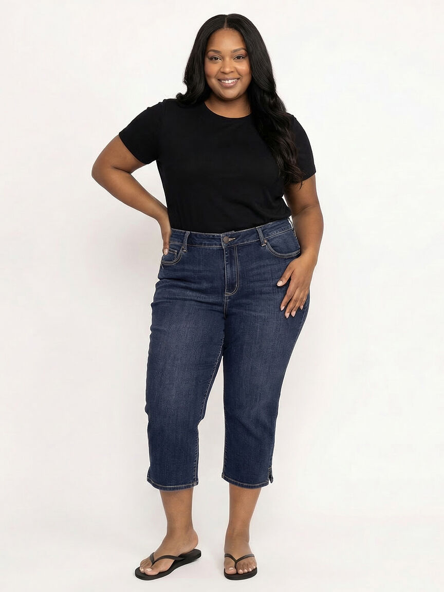 Women's Plus Side Slit Hem Dark Wash Jean Capri