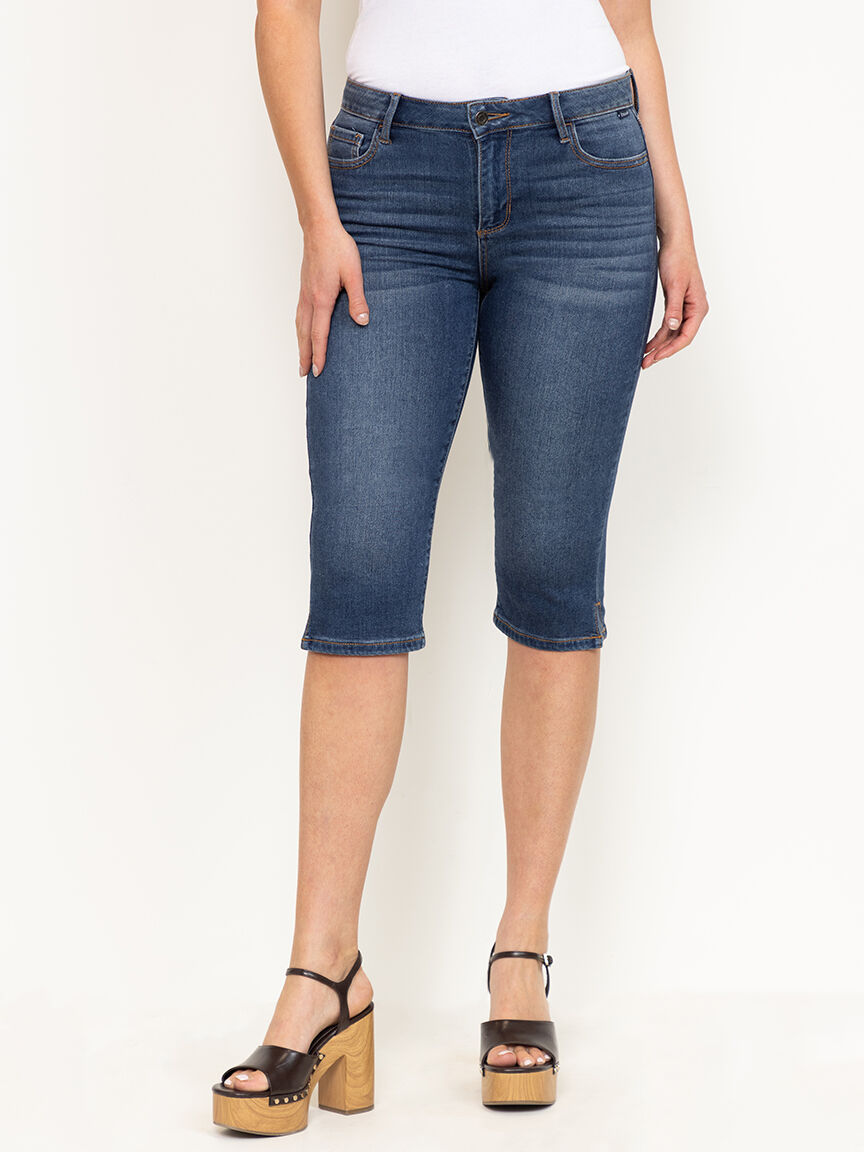 Women's Side Slit Hem Medium Dark Wash Jean Capri