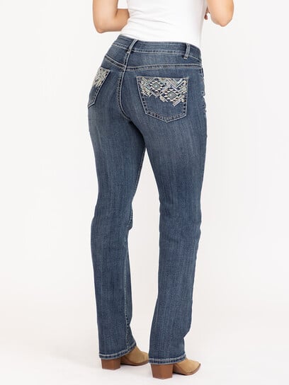 Women's Medium Dark Wash Geo Embroidered Straight Jeans Women's Medium Dark Wash Geo Embroidered Straight Jeans