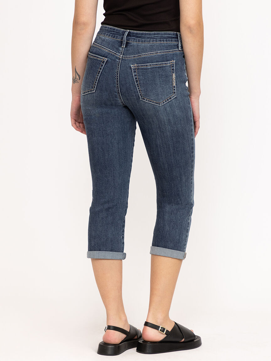 Women's Contrast Multi Thread Medium Dark Wash Jean Capri