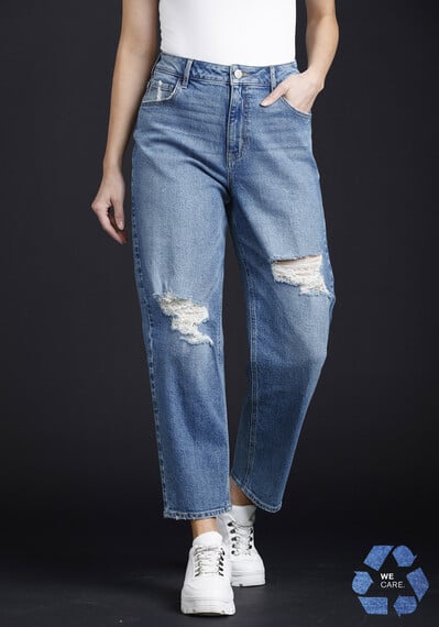 Women's High Rise Destroyed Stretch Mom Jean Image 1