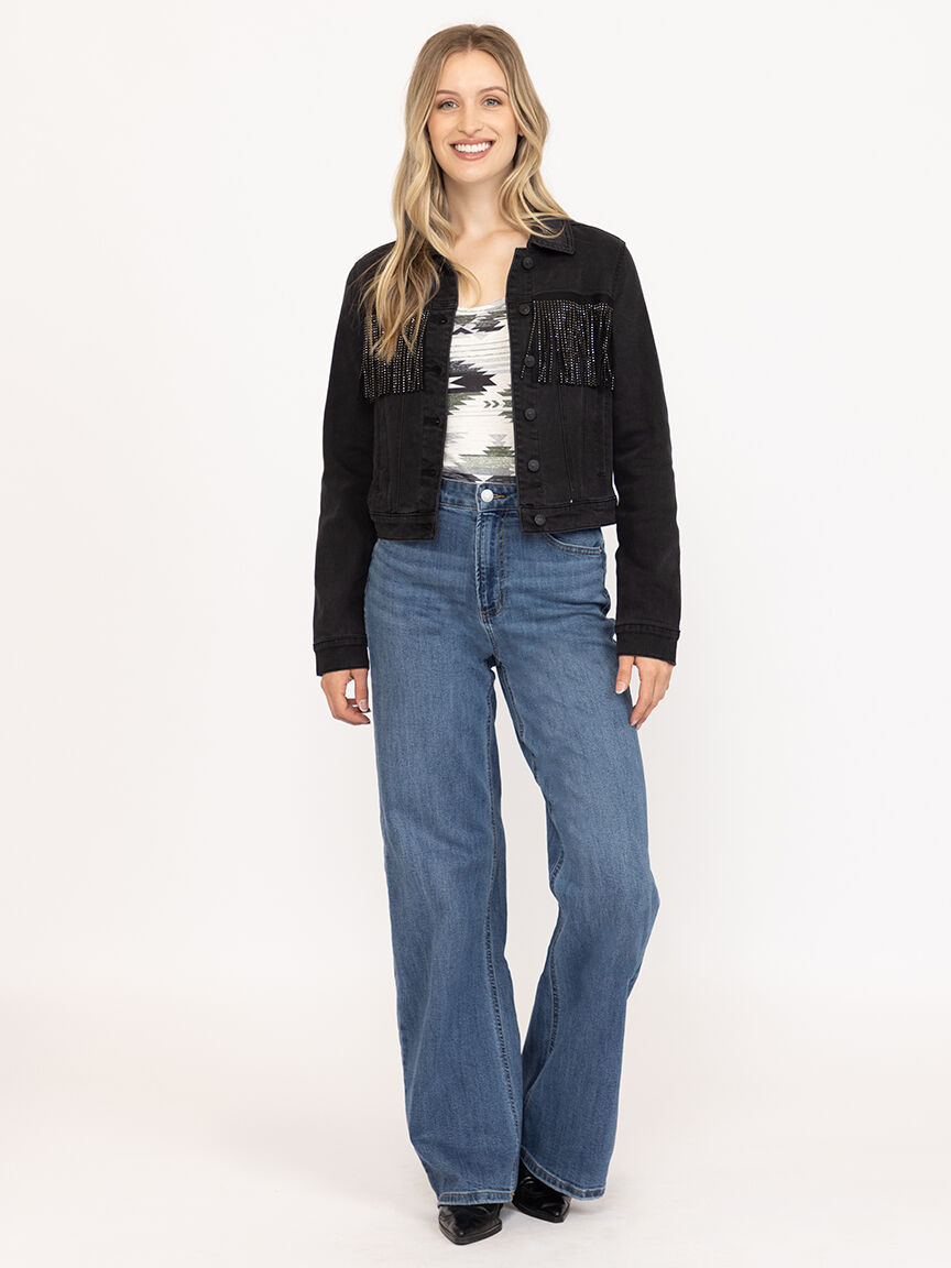 Womens Rhinestone Fringe Black Cropped Denim Jacket