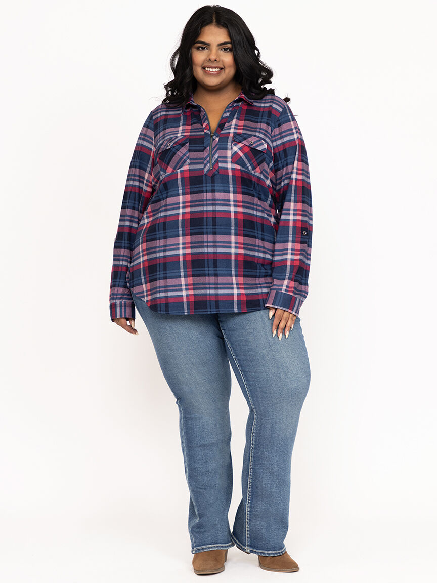 Women's Half Zip Plaid Shirt