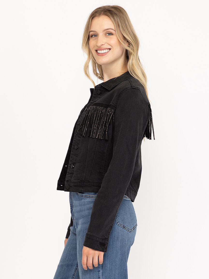 Womens Rhinestone Fringe Black Cropped Denim Jacket