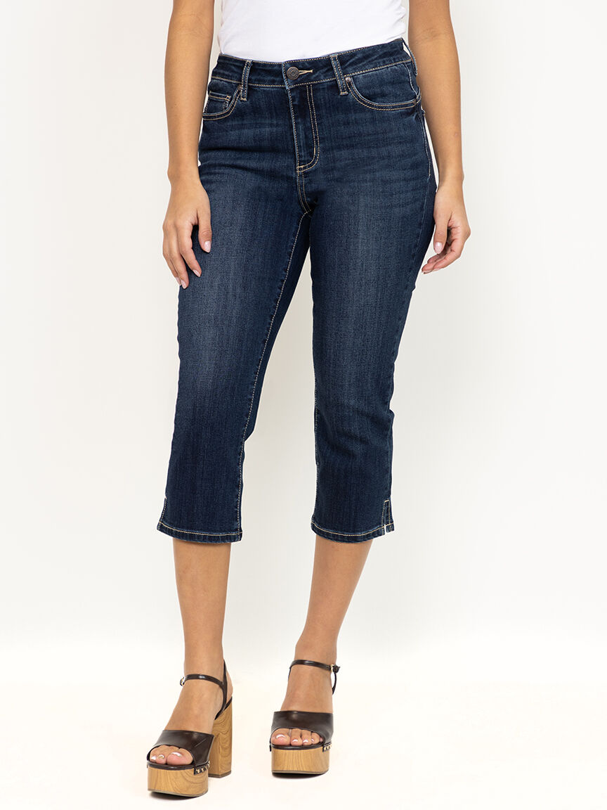 Women's Side Slit Hem Dark Wash Jean Capri