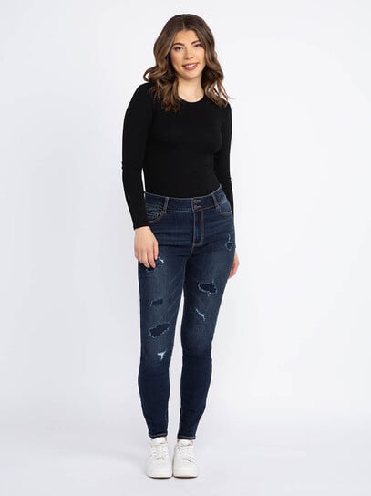 Women's Dark Wash 2 Button Rip & Repair Skinny Jeans Women's Dark Wash 2 Button Rip & Repair Skinny Jeans