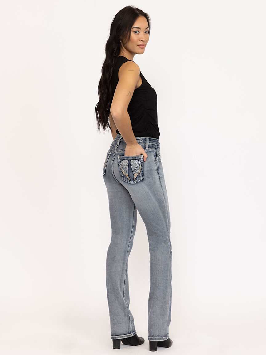 Women's Light Wash Wing Embellished Baby Boot Jeans