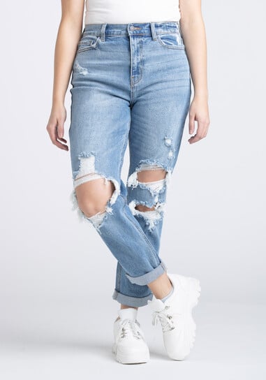 Women's High Rise Destroyed Cuffed Mom Jean
