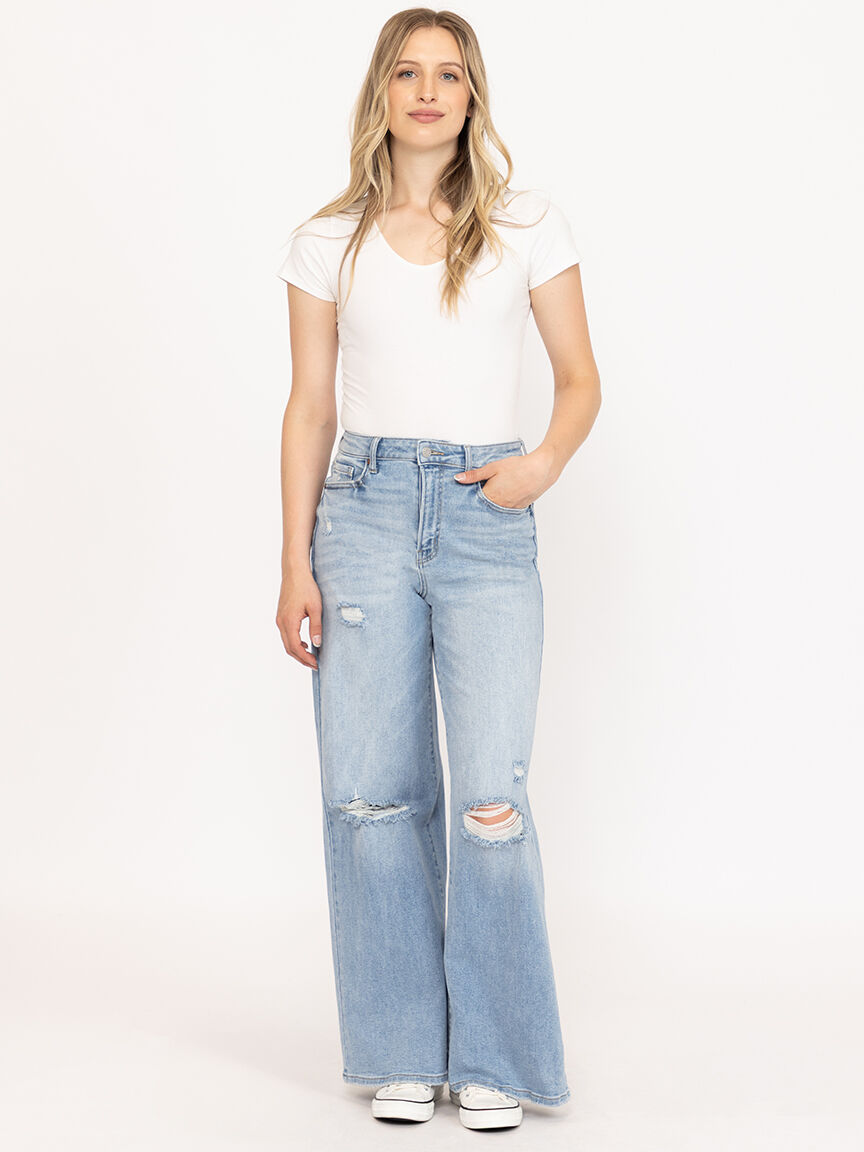 Women's Light Wash Distress High Rise Wide Leg Jeans