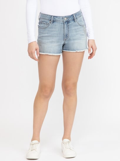 Women's Light Wash Frey Hem with Floral Stud Shortie Women's Light Wash Frey Hem with Floral Stud Shortie