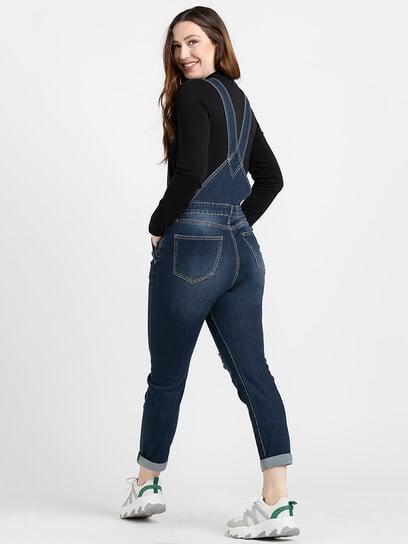 Women's Destroyed Slim Cuffed Overall Jeans