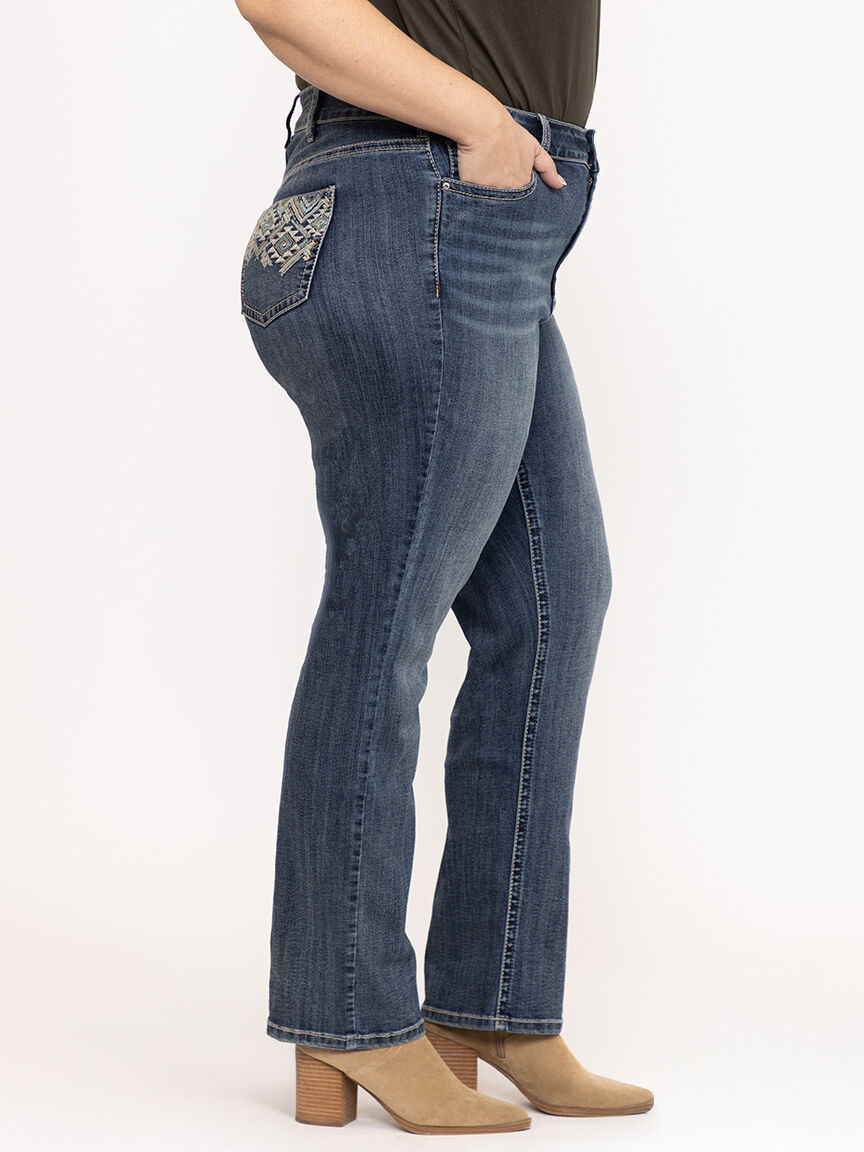 Women's Plus Medium Dark Wash Geo Embroidered Straight Jeans
