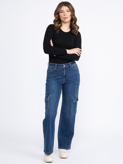 Women's Dark Wash High Rise Drapey Wide Leg Cargo Jeans Women's Dark Wash High Rise Drapey Wide Leg Cargo Jeans Image 1