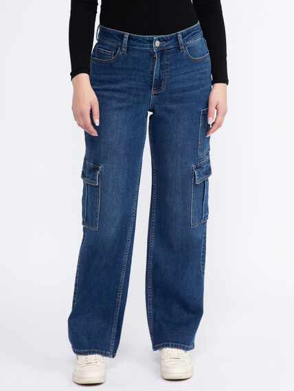 Women's Dark Wash High Rise Drapey Wide Leg Cargo Jeans Women's Dark Wash High Rise Drapey Wide Leg Cargo Jeans Image 2