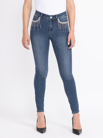 Women's Medium Wash Ankle Skinny Jeans with Rhinestone Women's Medium Wash Ankle Skinny Jeans with Rhinestone