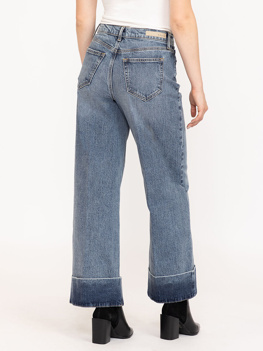 Women's Medium Wash Self High Hem High Rise Wide Leg Jeans