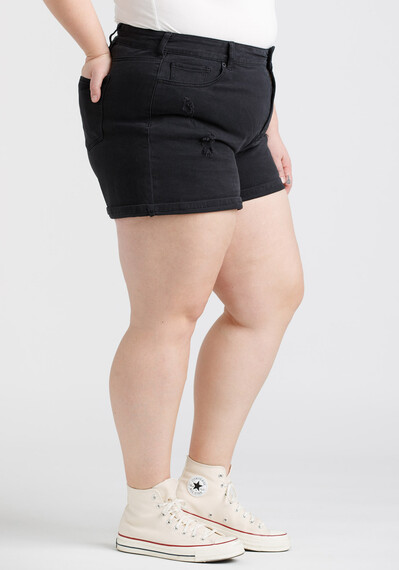 Women’s Plus High Rise Black Destroyed Cuffed Jean Shortie Women’s Plus High Rise Black Destroyed Cuffed Jean Shortie Image 3