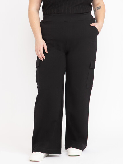 Women's  Black Pull-on Ponte Wide Leg Cargo Pant Women's  Black Pull-on Ponte Wide Leg Cargo Pant Image 5
