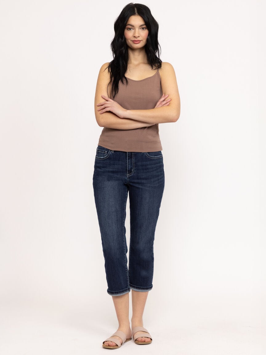 Women's 2 Button Dark Wash Mid Rise Cuffed Jean Capri