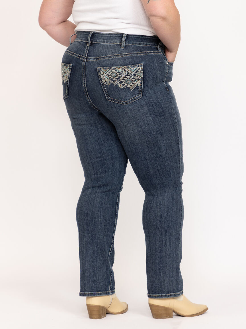 Women's Plus Medium Dark Wash Geo Embroidered Straight Jeans