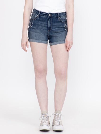 Women's Medium Wash Floral Embroidery Cuffed Shortie Women's Medium Wash Floral Embroidery Cuffed Shortie Image 2