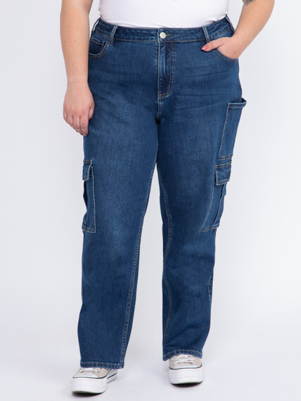 Women's Plus Dark Wash High Rise Drapey Wide Leg Cargo Jeans Women's Plus Dark Wash High Rise Drapey Wide Leg Cargo Jeans Image 2