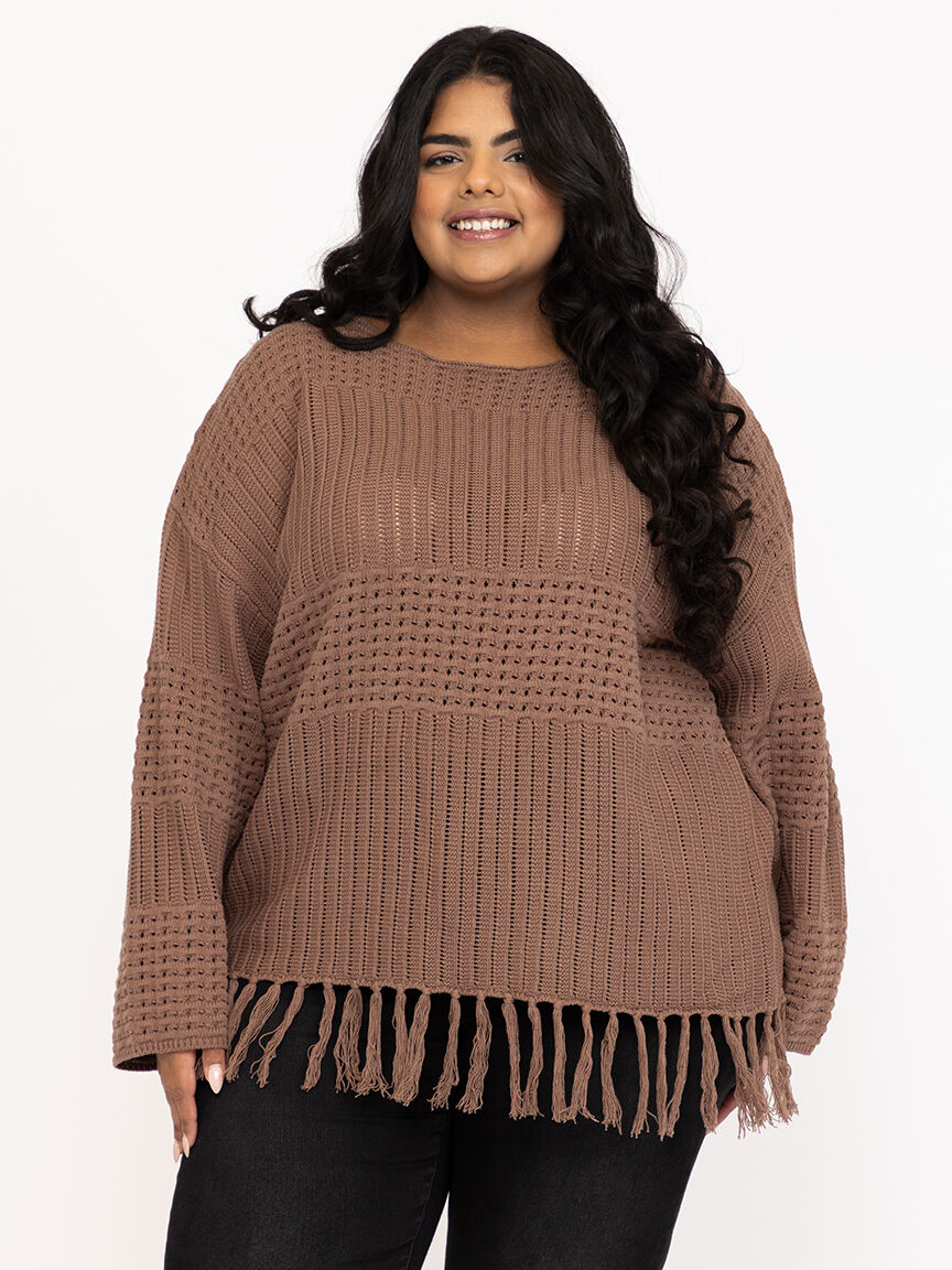 Women's Pointelle Pullover With Fringe