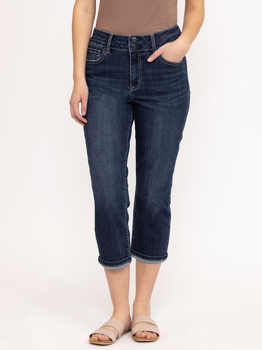 Women's 2 Button Dark Wash Mid Rise Cuffed Jean Capri