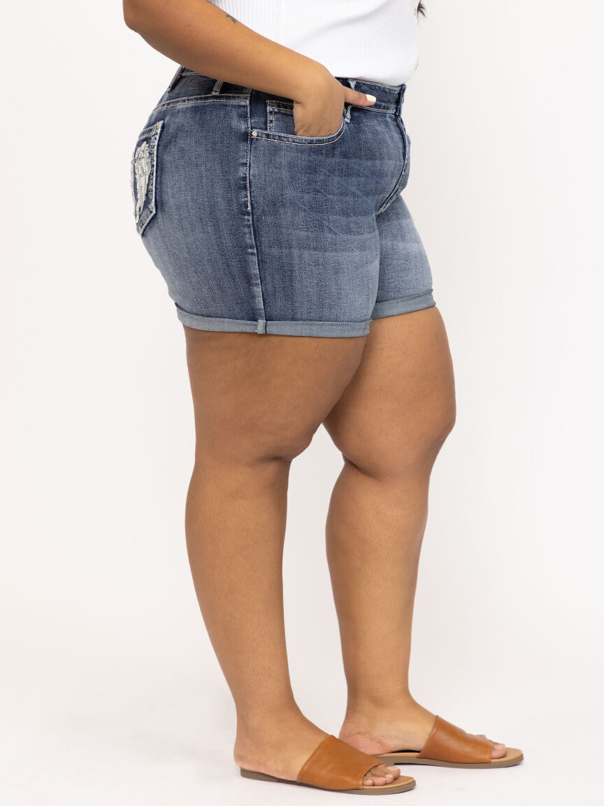 Women's Plus Medium Dark Wash Mid Rise Wing Embellished Cuffed Shortie
