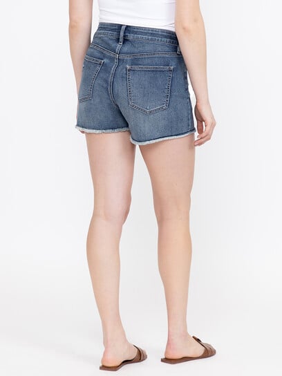 Women's Medium Wash Frayed Hem Shortie with Crochet Lace Insert Women's Medium Wash Frayed Hem Shortie with Crochet Lace Insert