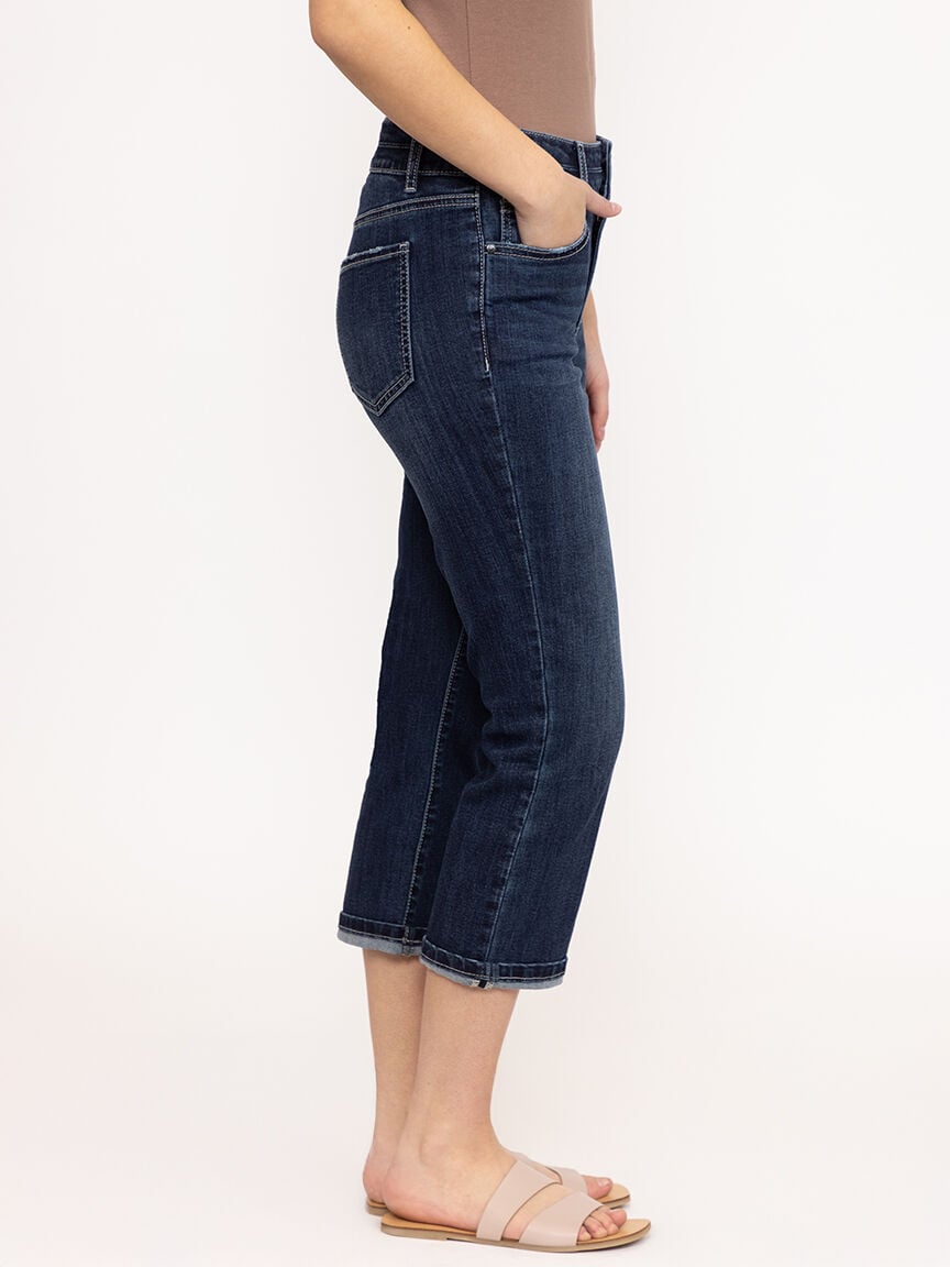 Women's 2 Button Dark Wash Mid Rise Cuffed Jean Capri