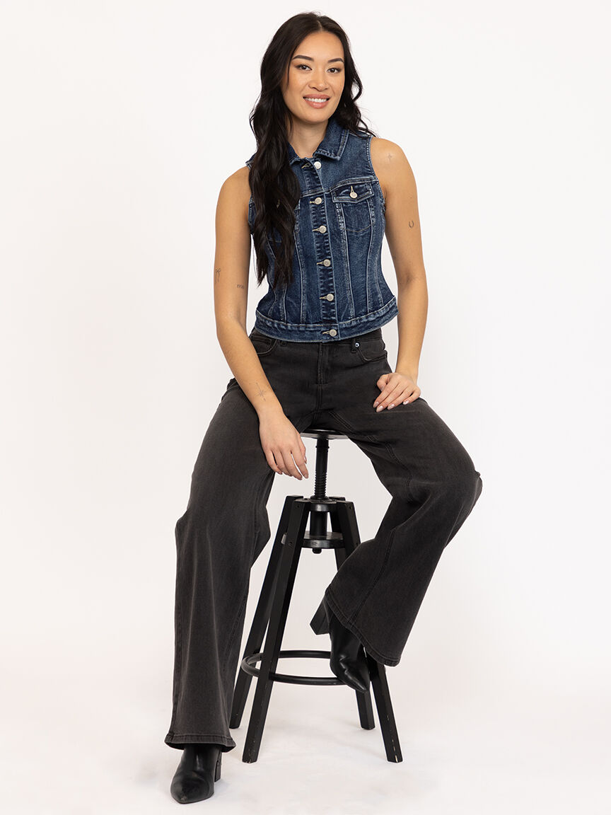 Women's Dark Wash Cropped Denim Vest With Collar