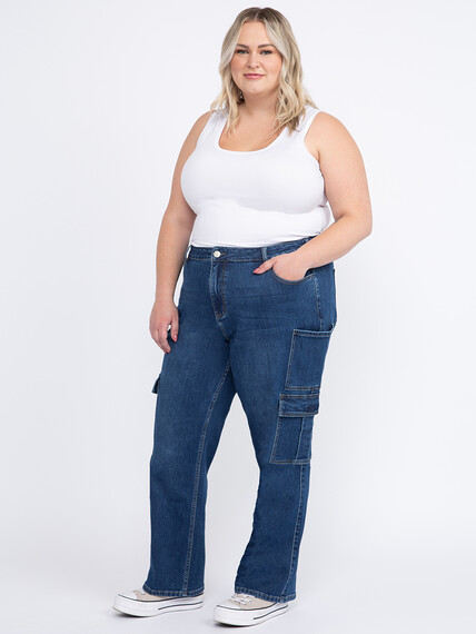 Women's Plus Dark Wash High Rise Drapey Wide Leg Cargo Jeans Women's Plus Dark Wash High Rise Drapey Wide Leg Cargo Jeans Image 6