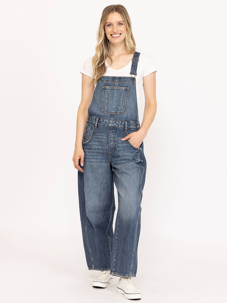 Women's Medium Wash Mid Rise Barrel Overall