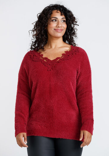 Women's Crochet Neckline Sweater, BLACK