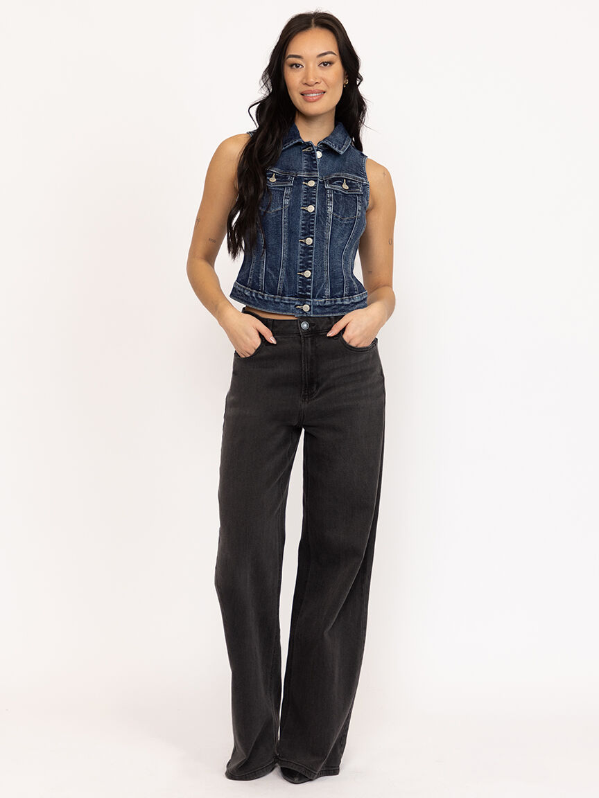 Women's Dark Wash Cropped Denim Vest With Collar