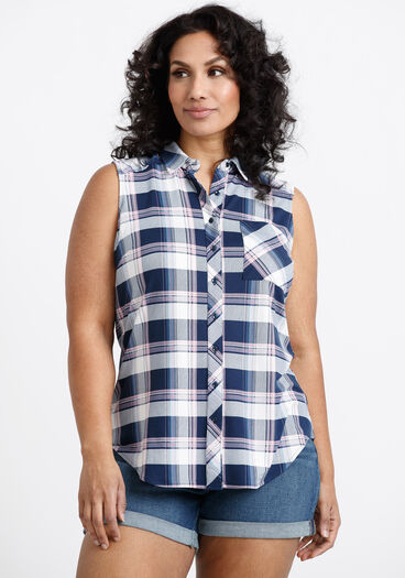 Women's Sleeveless Plaid Shirt, NAVY/PINK